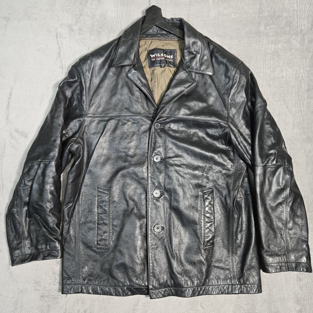 Vintage Wilsons Leather Men's Black Car Coat Jacket Medium Button Front Y2K